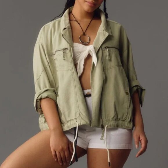 Anthropologie Pilcro Tidal Moto Utility Jacket Size XL Green Cropped Field - Picture 1 of 11